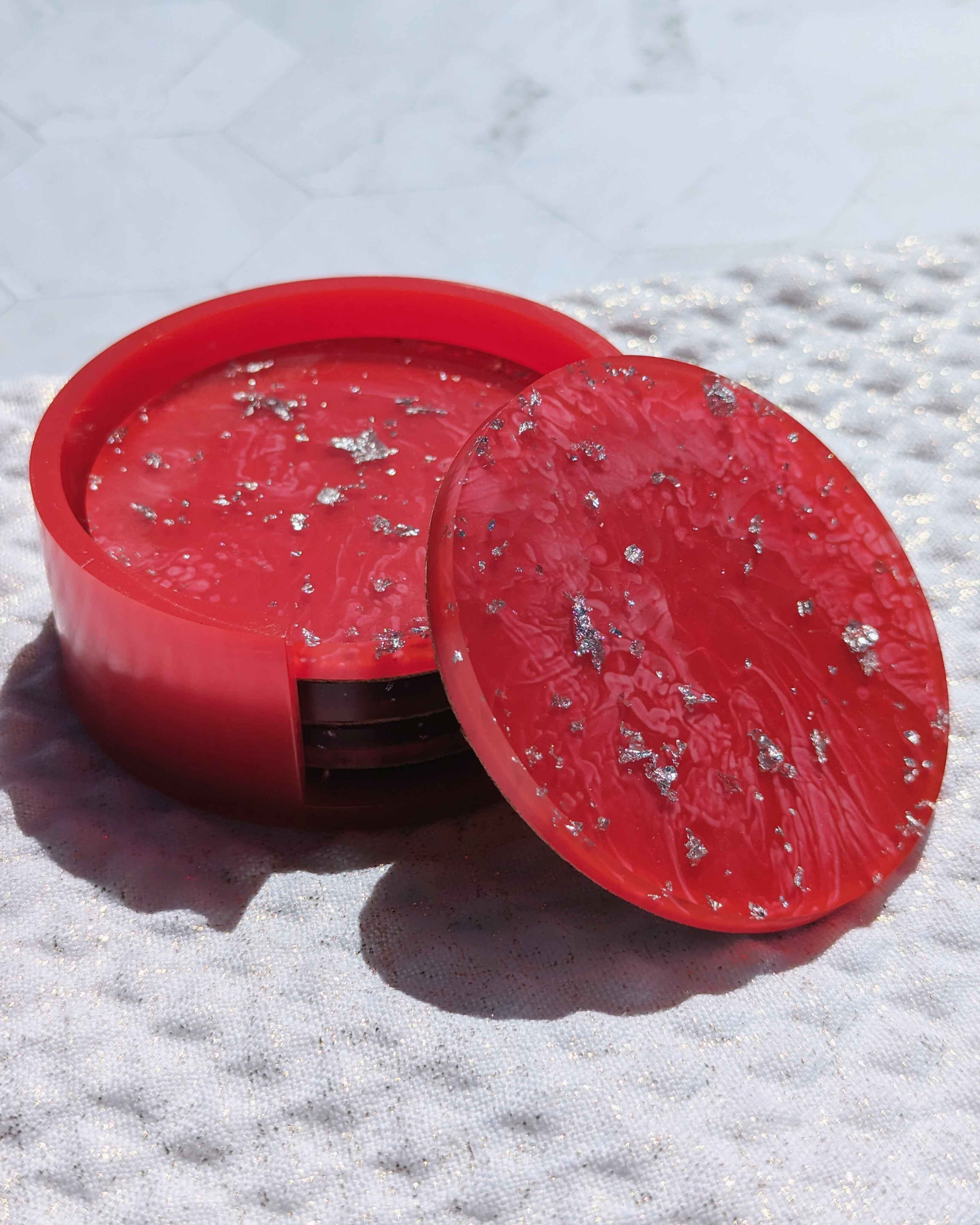 Lux Coasters and Holder Set - Passion Red/Silver foil