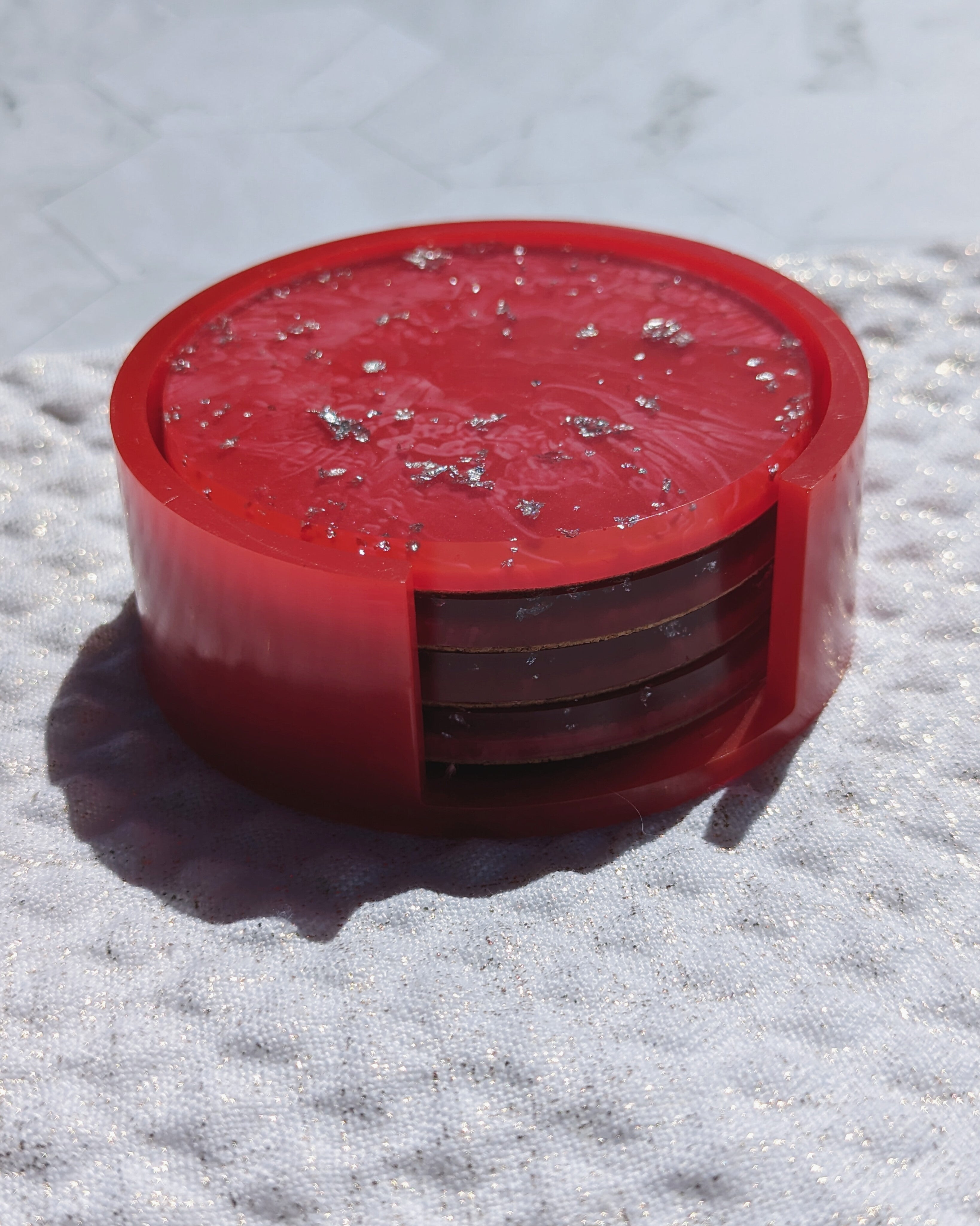 Lux Coasters and Holder Set - Passion Red/Silver foil