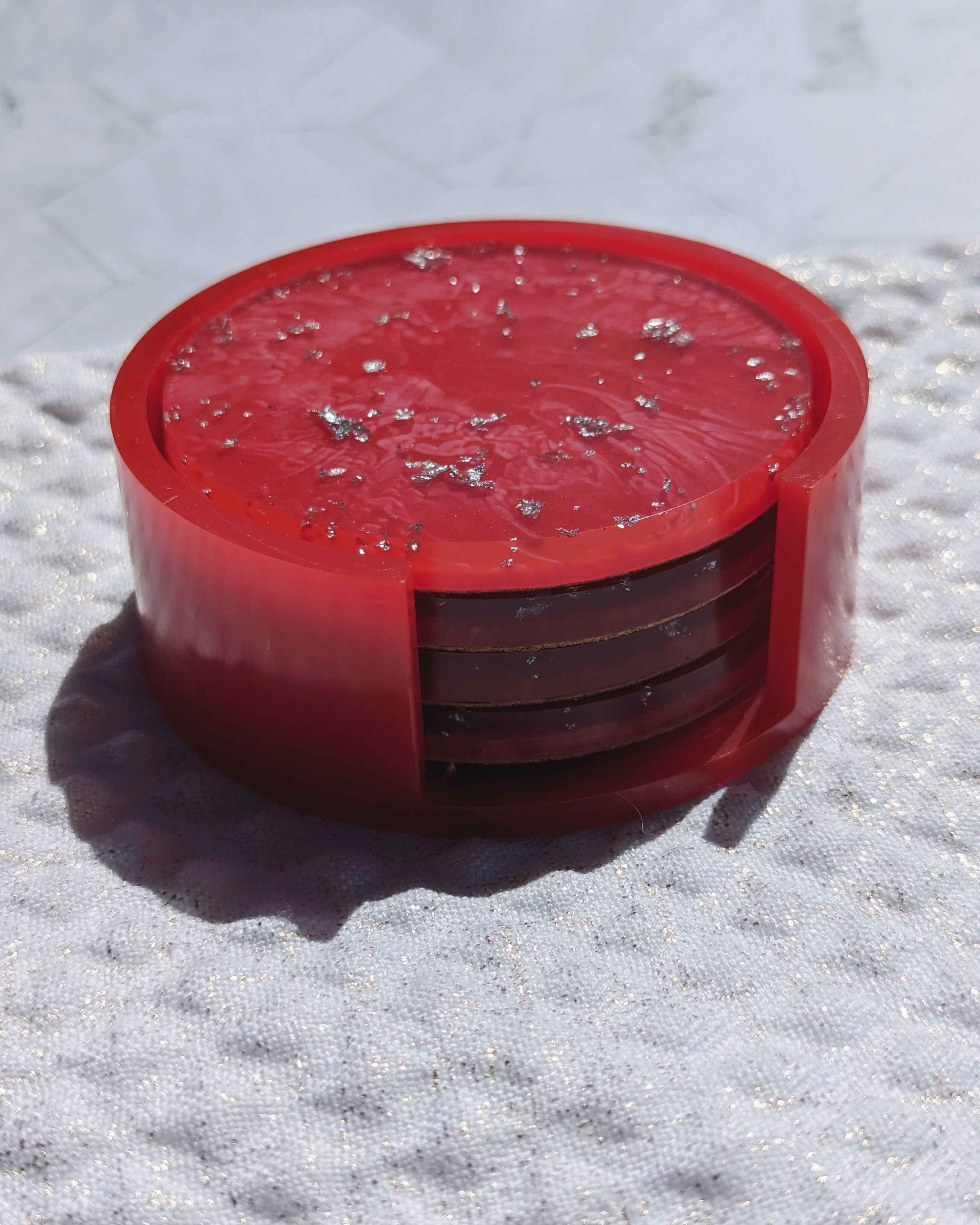 Lux Coasters and Holder Set - Passion Red/Silver foil