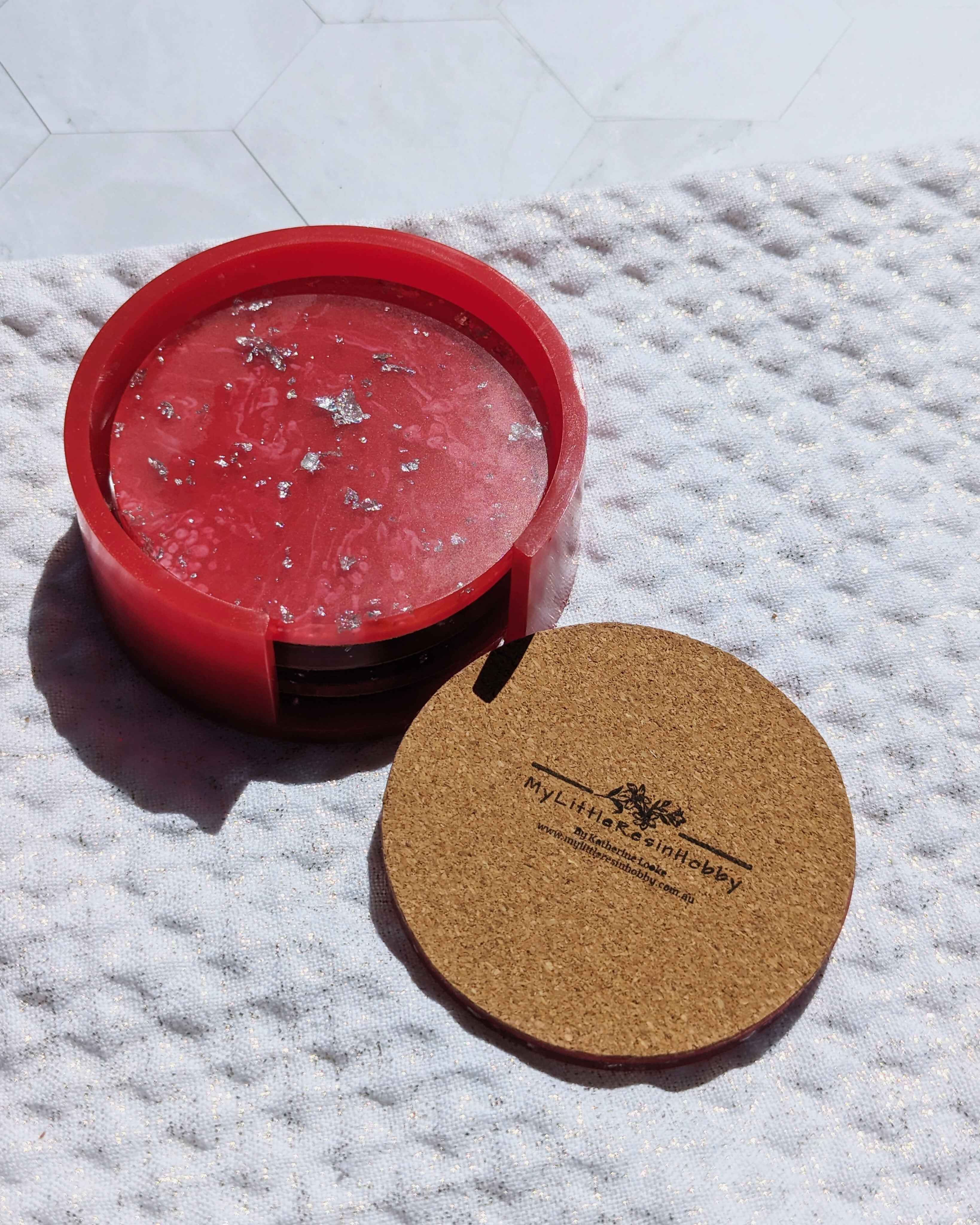 Lux Coasters and Holder Set - Passion Red/Silver foil