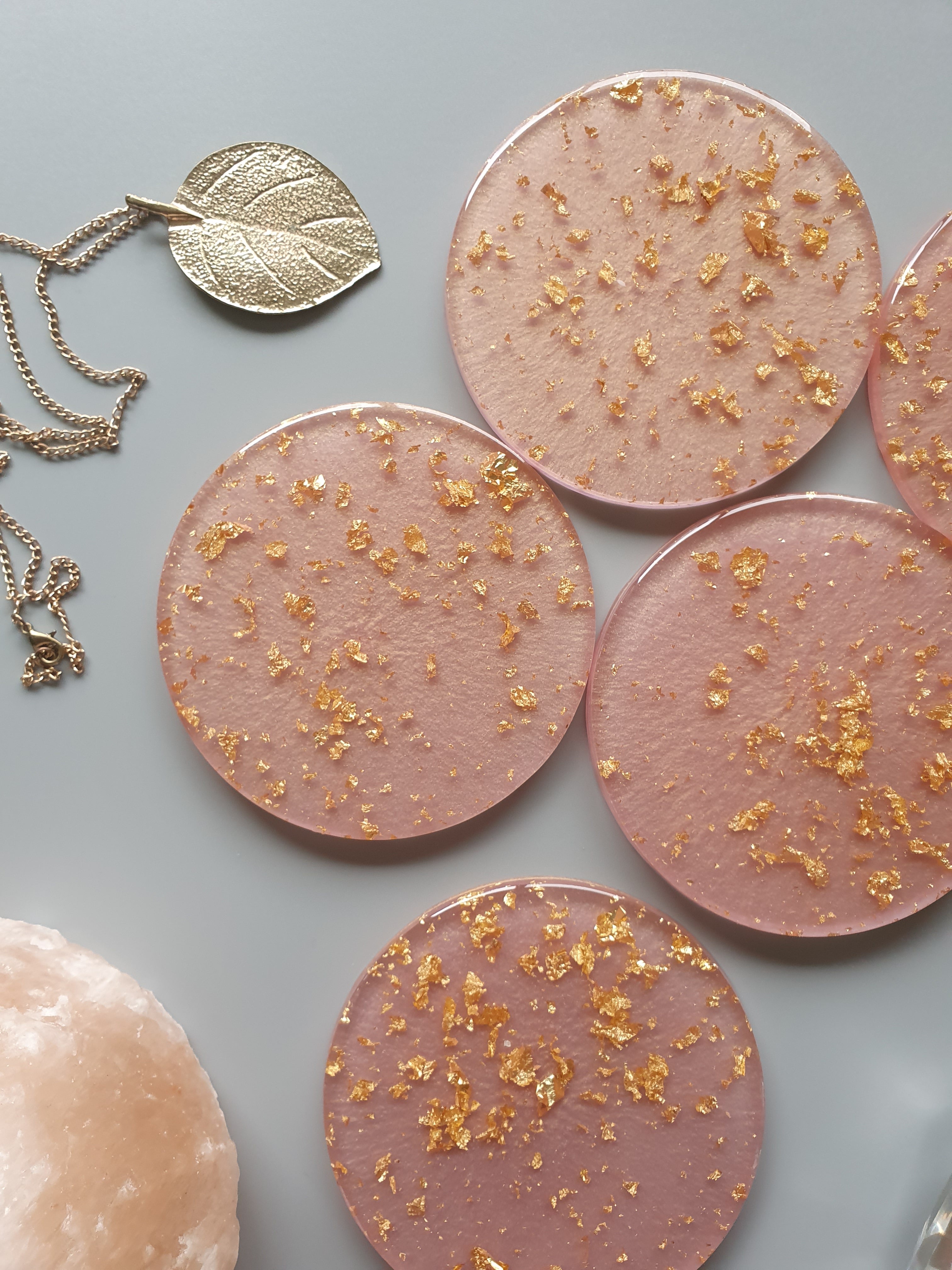 Resin Coaster Gifts, Pink Shimmer with gold foil resin coaster made the perfect size for wine glasses and cups of all sizes. Unique resin coaster will make a great housewarming, engagement gift or present for any occasion. Handmade functional art that brightens your office or home decor. Resin coaster set custom made to order.