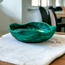 Load image into Gallery viewer, Wavey Resin bowl in emerald green by Mylittleresinhobby. Perfect for salads, fruit or grazing platters. 
