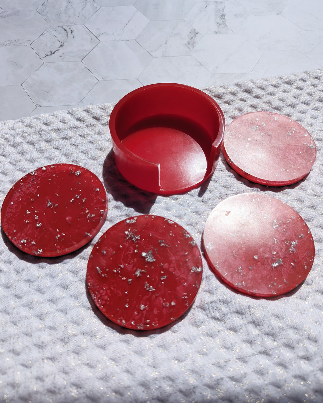 Lux Coasters and Holder Set - Passion Red/Silver foil