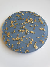 Load image into Gallery viewer, Resin Coaster Gifts, blue gold foil resin coaster made the perfect size for wine glasses and cups of all sizes. Unique resin coaster will make a great housewarming, engagement gift or present for any occasion. Handmade functional art that brightens your office or home decor. Resin coaster set custom made to order. 
