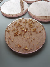 Load image into Gallery viewer, Resin Coaster Gifts, Pink Shimmer with gold foil resin coaster made the perfect size for wine glasses and cups of all sizes. Unique resin coaster will make a great housewarming, engagement gift or present for any occasion. Handmade functional art that brightens your office or home decor. Resin coaster set custom made to order.
