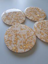 Load image into Gallery viewer, Resin Coaster Gifts, Beige gold foil resin coaster made the perfect size for wine glasses and cups of all sizes. Unique resin coaster will make a great housewarming, engagement gift or present for any occasion. Handmade functional art that brightens your office or home decor. Resin coaster set custom made to order.
