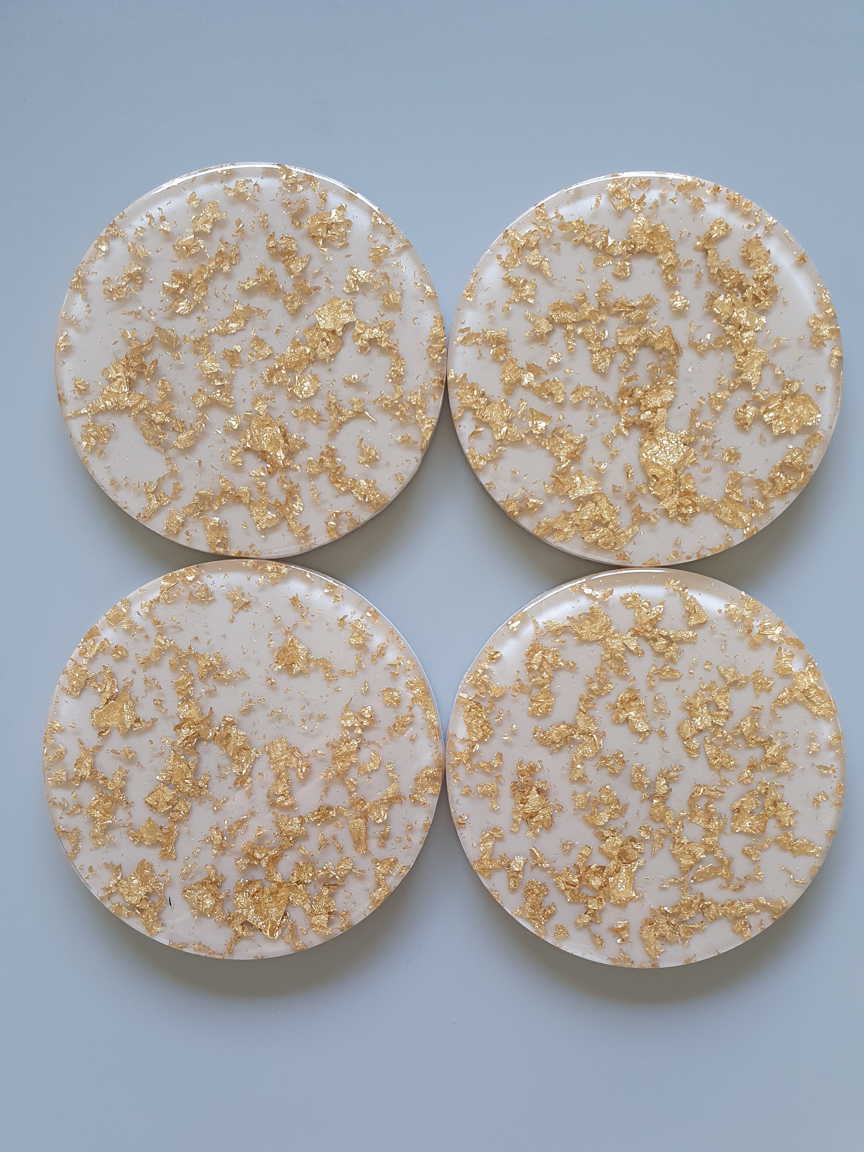 Resin Coaster Gifts, Beige gold foil resin coaster made the perfect size for wine glasses and cups of all sizes. Unique resin coaster will make a great housewarming, engagement gift or present for any occasion. Handmade functional art that brightens your office or home decor. Resin coaster set custom made to order.